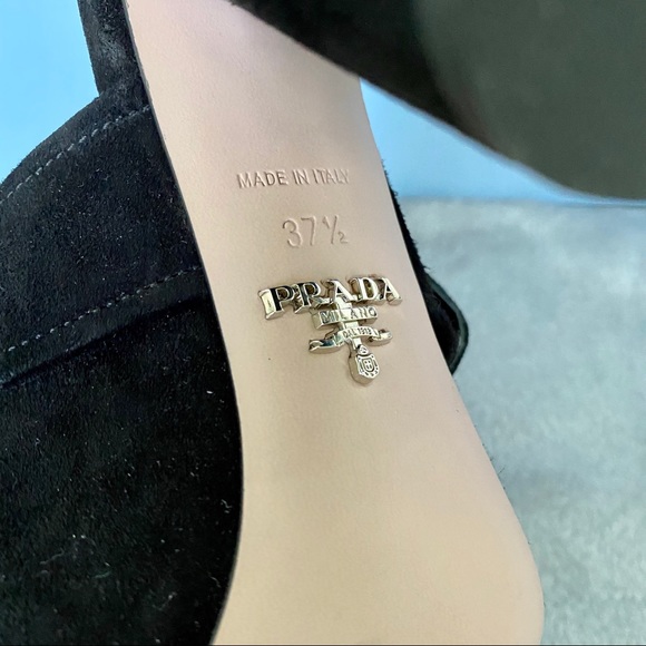 Prada Mule Heels Black Suede Metal Flower - Picture 6 of 8